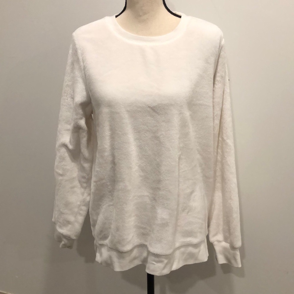 White fur teddy sweater long sleeve pullover comfy cozy winter SZ  L